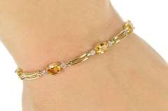 10K Yellow Gold Oval Citrine Diamond Accent Bar Link Tennis Bracelet