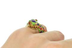 18K Yellow Gold Checkered Blue Green Enamel Snake Serpent Ring