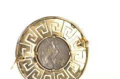 10K Yellow Gold Ancient Greek Coin Wave Pattern Statement Pin/Brooch