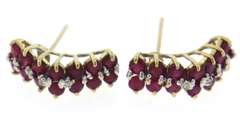 Glowing Yellow Gold Ruby & Diamond 3 Row Earings