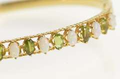 14K Yellow Gold Oval Natural Opal Peridot Ornate Bangle Bracelet