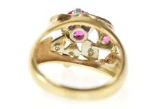 14K Yellow Gold 1930's Syn. Ruby Diamond Leaf Cocktail Ring