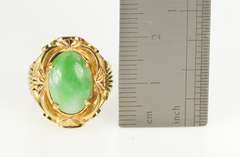 18K Yellow Gold Ornate Oval Jadeite Inset Retro Fashion Ring