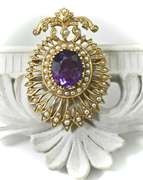 Stunning Antique Amethyst and Seedpearl 14K Brooch
