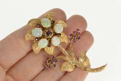 14K Yellow Gold Natural Opal Ruby Etched Flower Statement Pin/Brooch