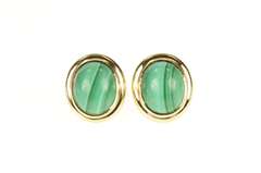 14K Yellow Gold Oval Malachite Cabochon Retro Stud Earrings