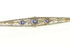 14K Yellow Gold Art Deco Diamond Sapphire Filigree Bar Pin/Brooch