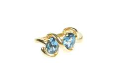 14K Yellow Gold Oval Blue Topaz Two Stone Wavy Statement Ring