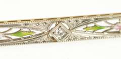 14K White Gold Art Deco Diamond Enamel Flower Filigree Bar Pin/Brooch