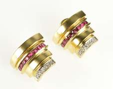 14K Yellow Gold Diamond Ruby Tiered Ornate French Back Earrings