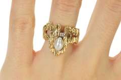 14K Yellow Gold 1960's Pearl Diamond Raw Textured Statement Ring