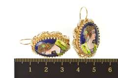 14K Yellow Gold French Ornate Ceramic Lady Portrait Dangle Earrings