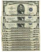 12 Scarce 1953 Series $5 Blue Seal Silver Certs with Stars