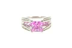 10K White Gold Princess Syn. Pink Sapphire Diamond Statement Ring