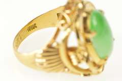 18K Yellow Gold Ornate Oval Jadeite Inset Retro Fashion Ring