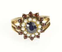 14K Yellow Gold Retro Sapphire Garnet Seed Pearl Halo Cocktail Ring