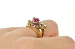 14K Yellow Gold 1930's Syn. Ruby Diamond Leaf Cocktail Ring