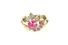 14K Yellow Gold 1930's Syn. Ruby Diamond Leaf Cocktail Ring