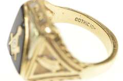 10K Yellow Gold Black Onyx Masonic Inlay Men's Retro Ring