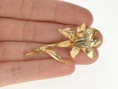 14K Yellow Gold Diamond Ornate Lily Flower Retro 1960's Pin/Brooch