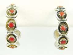 Vintage Navajo Sterling Coral Hoop Earrings
