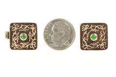 14K Yellow Gold Retro Etched Emerald Inset Ornate Men's Cuff Links