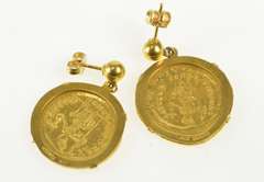 14K Yellow Gold Ornate Ancient Coin Dangle Post Back Earrings