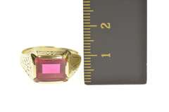 10K Yellow Gold 1930's Syn. Ruby Etched Leaf Vine Pattern Ring