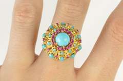 18K Yellow Gold Ornate Turquoise Ruby Statement Cocktail Ring