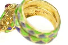 18K Yellow Gold Checkered Blue Green Enamel Snake Serpent Ring