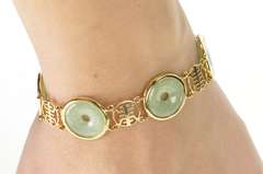 14K Yellow Gold Round Carved Jade Ring Chinese Motif Bracelet