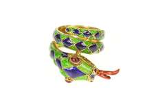 18K Yellow Gold Checkered Blue Green Enamel Snake Serpent Ring