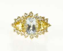 14K Yellow Gold Blue Topaz Pear Citrine CZ Halo Statement Ring