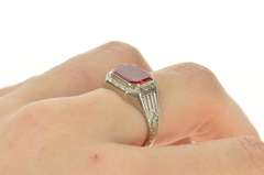 10K White Gold 1920's Art Deco Leaf Etched Syn. Ruby Ring