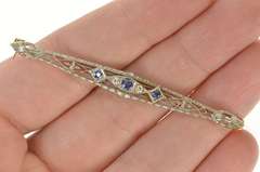 14K Yellow Gold Art Deco Diamond Sapphire Filigree Bar Pin/Brooch