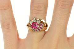 14K Yellow Gold 1930's Syn. Ruby Diamond Leaf Cocktail Ring