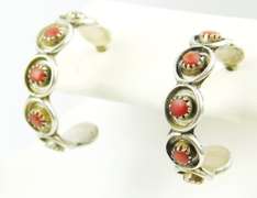 Vintage Navajo Sterling Coral Hoop Earrings
