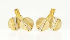 14K Yellow Gold Round Diamond Accent Geometric Retro Men's Cuff Links