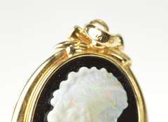 14K Yellow Gold Oval Black Onyx Carved Opal Lady Cameo Pendant