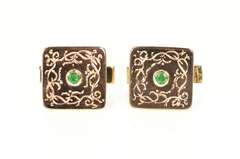 14K Yellow Gold Retro Etched Emerald Inset Ornate Men's Cuff Links