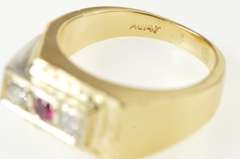 14K Yellow Gold Men's Retro Squared Diamond Syn. Ruby Ring
