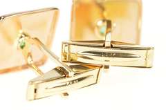 14K Yellow Gold Retro Etched Emerald Inset Ornate Men's Cuff Links