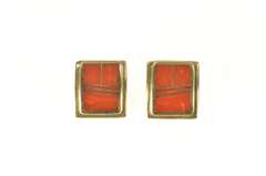 14K Yellow Gold Squared Coral Inlay Geometric Curved Stud Earrings