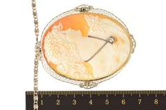 14K White Gold Art Deco Carved Lady Diamond Cameo Filigree Necklace