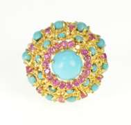 18K Yellow Gold Ornate Turquoise Ruby Statement Cocktail Ring