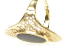 10K Yellow Gold Black Onyx Floral Filigree Art Deco Dinner Ring