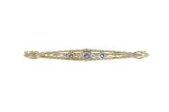 14K Yellow Gold Art Deco Diamond Sapphire Filigree Bar Pin/Brooch