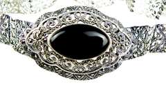 Beautiful Sterling Filigree Onyx & Marcasites