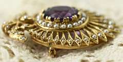 Stunning Antique Amethyst and Seedpearl 14K Brooch