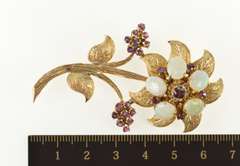 14K Yellow Gold Natural Opal Ruby Etched Flower Statement Pin/Brooch